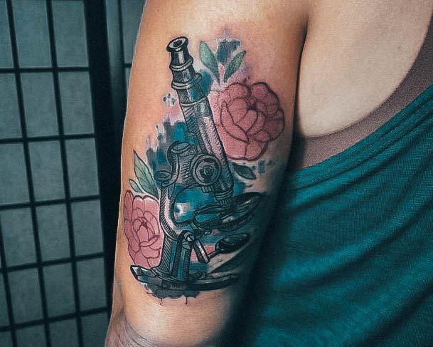 Back Arm Watercolor Blue Pink Breathtaking Microscope Tattoo On Girl