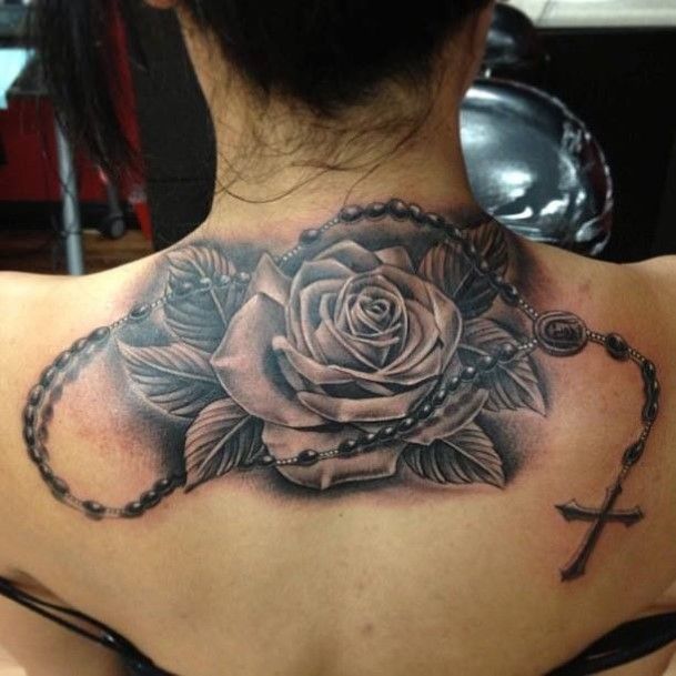 Back Rose Flower Rosary Tattoo Designs For Women