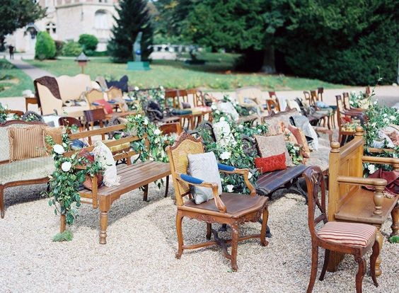 Backyard Wedding Ideas Mismatched And Vintage Seating