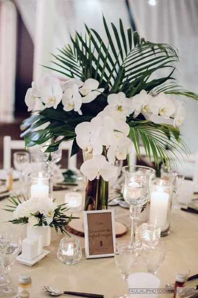 Beach Wedding Ideas White Orchids And Palm Leaves Centerpiece Inspiration