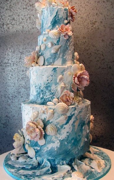 Beachy White And Aqua With Seashells Wedding Cake Ideas