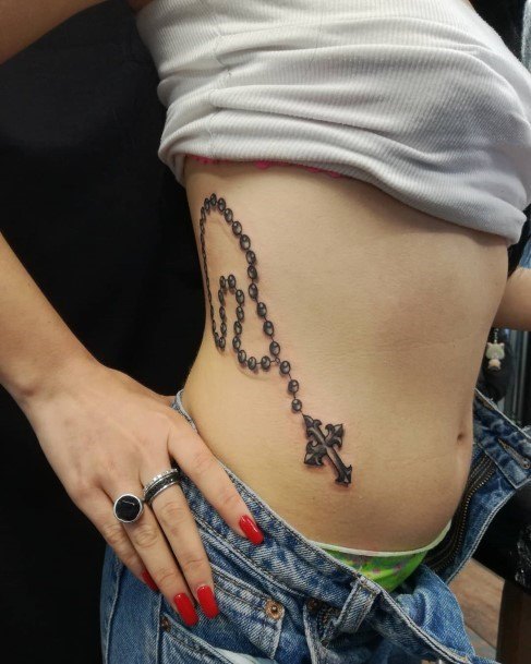 Beaded Chain And Cross Tattoo Womens Torso