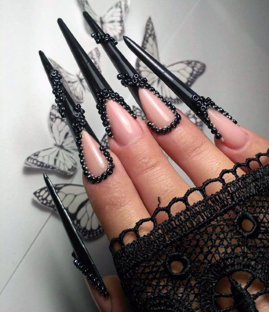 Beady Black Pointed Long Nails For Women