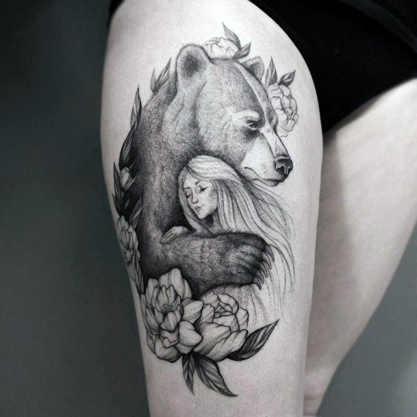 Bear And Long Golden Haired Lady Tattoo For Women Realistic