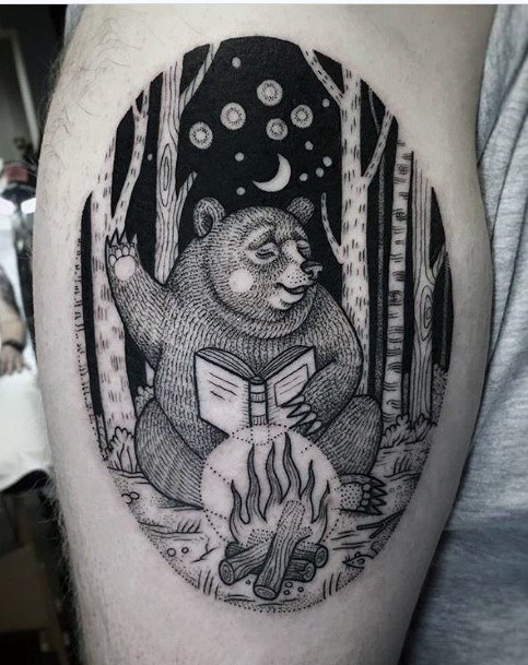 Bear Reading A Book Fire Place Forest Tattoo For Women Thighs Art