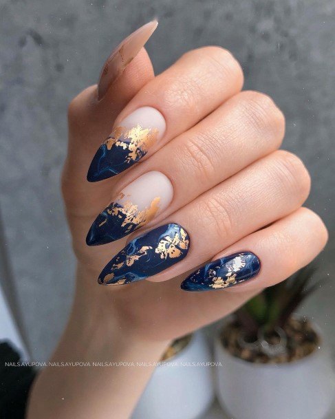 Top 100 Best Blue And Gold Nails For Women - Golden Fingernail Ideas