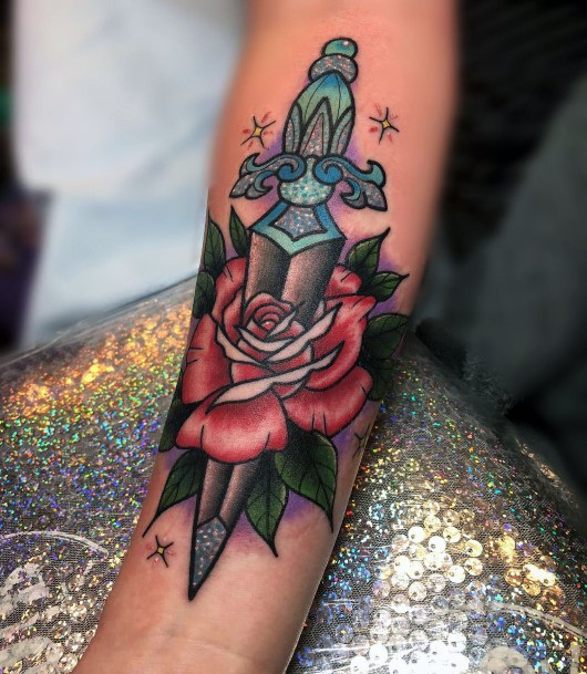 Beauteous Girls Dagger Rose Tattoos