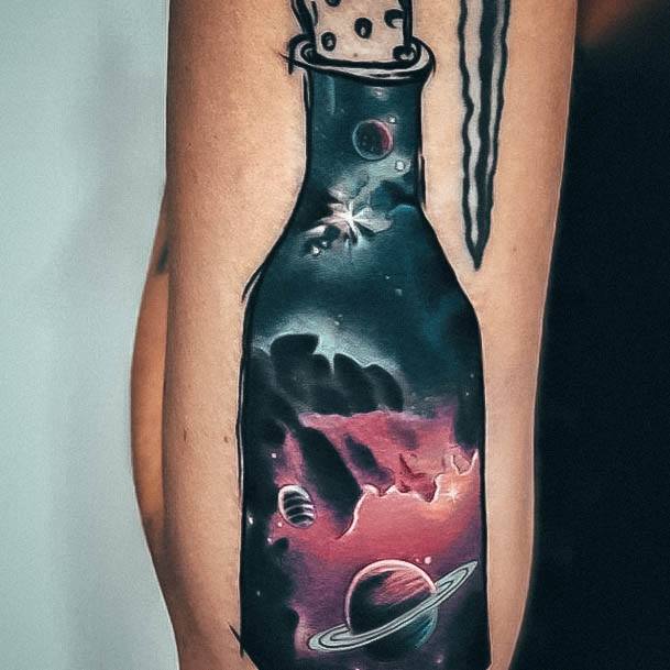 Beauteous Girls Galaxy Tattoos Outer Space Themed Bottle