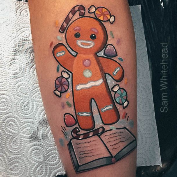 Beauteous Girls Gingerbread Man Tattoos Leg