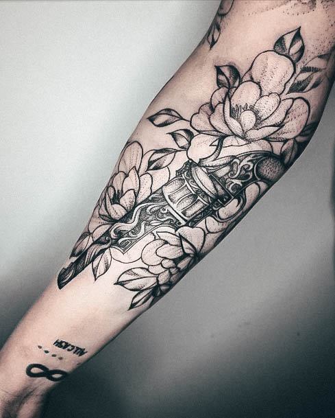 Beauteous Girls Gun Tattoos Flowers Outer Forearm