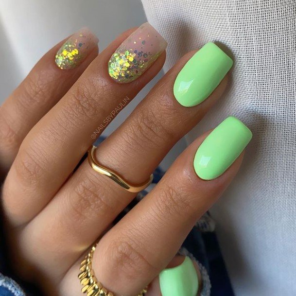 Beauteous Girls Neon Green Nails With Gold Flakes