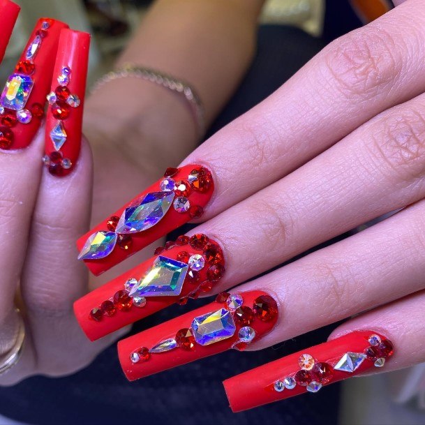 Beauteous Girls Red With Diamond Rhinestones Nails