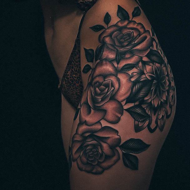 Beauteous Girls Rose Thigh Tattoos