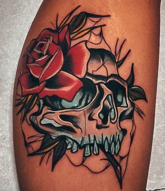 Beauteous Girls Skull And Rose Tattoos