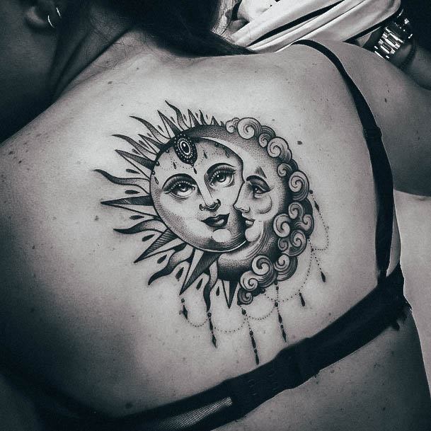 Beauteous Girls Sun And Moon Tattoos Back Shaded Black And Grey