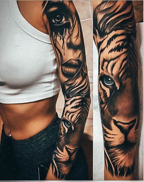 Beauteous Girls Tiger Tattoos 3d Full Sleeve