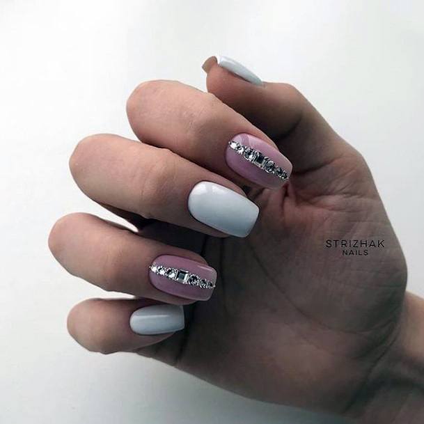 Beauteous Girls White With Rhinestones Nails