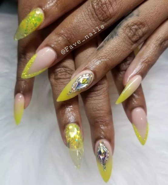 Beauteous Girls Yellow With Diamonds Nails