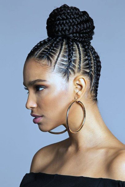 Beautiful African American Female With Cornrows Into Thick High Bun