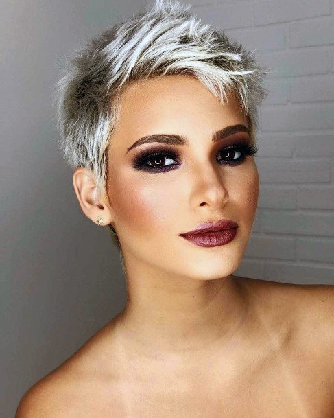 Beautiful Ashy Dark Rooted Bright White Voluminous Pixie Hairstyles For Women