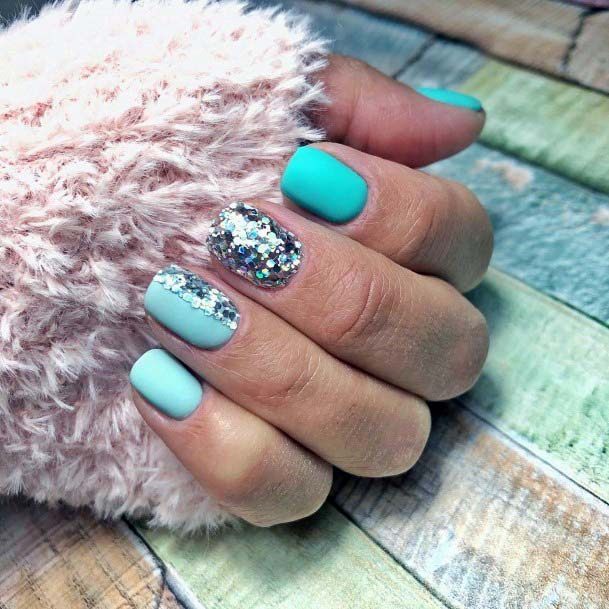 Beautiful Beach Blue Nails With Silver Shine Ons