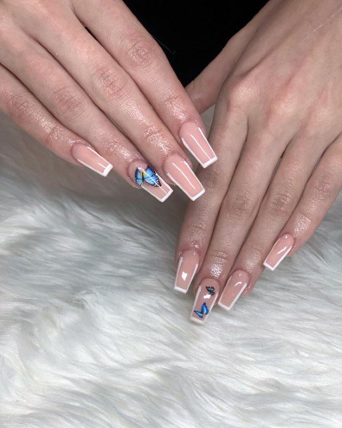 Beautiful Blue Butterfly Design Girly Nude And White Prom Nails Ideas For Women