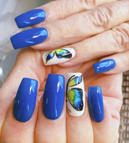 Beautiful Blue Butterfly Painted On Square Nails For Girls