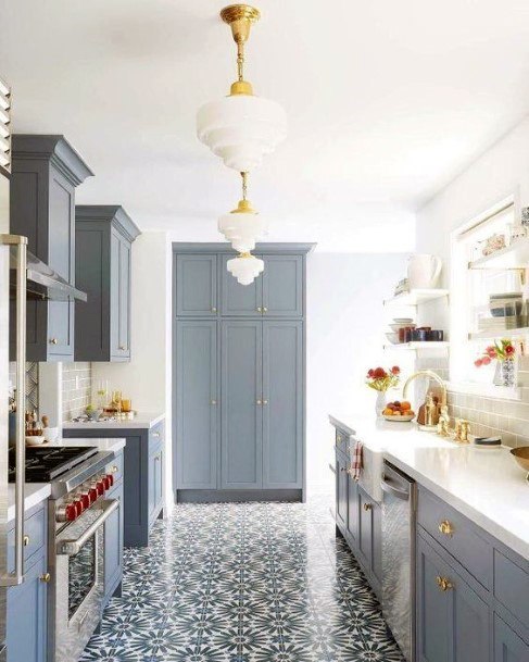 Beautiful Blue Cabinets With Fun Blue Pattern Tile Kitchen Flooring Ideas