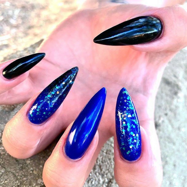 Beautiful Blue Fish Scale Glitter Black Nail Stiletto Nail Ideas For Girls