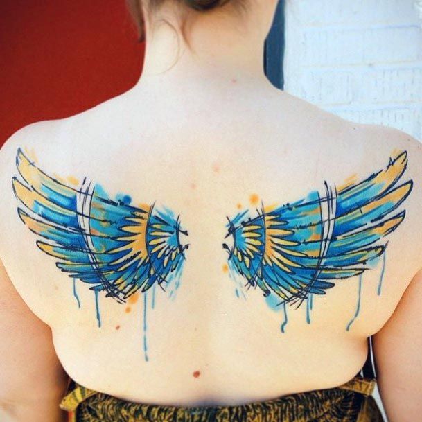 Beautiful Blue Wings Water Color Tattoo Womens Back