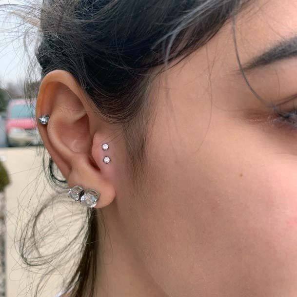 Beautiful Bright Double Tragus And Large Diamonds Double Lobe Piercing Inspiration Ideas For Girls