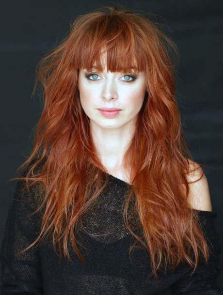 Beautiful Bright Red Highlighted Textured Shag Bang Womens Hairstyle Idea