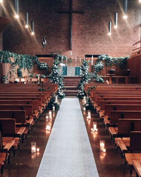 Beautiful Candle Lit Aisle Pew Wedding Decor Inspiration