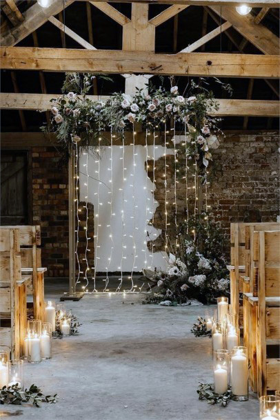Beautiful Candle Lit Wedding Aisle Pew Decoration Pretty Floral String Light Barn Ideas