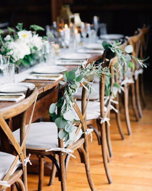 Beautiful Chair Greenery Wedding Table Floral Bouquet Bright White Plates Decoration Ideas