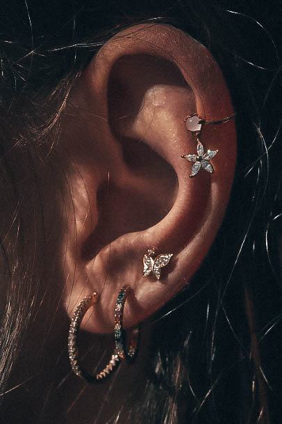 Beautiful Colorful Diamond Hoop Lobe And Trendy Helix Dangling Star Ear Piercing Design Ideas For Women