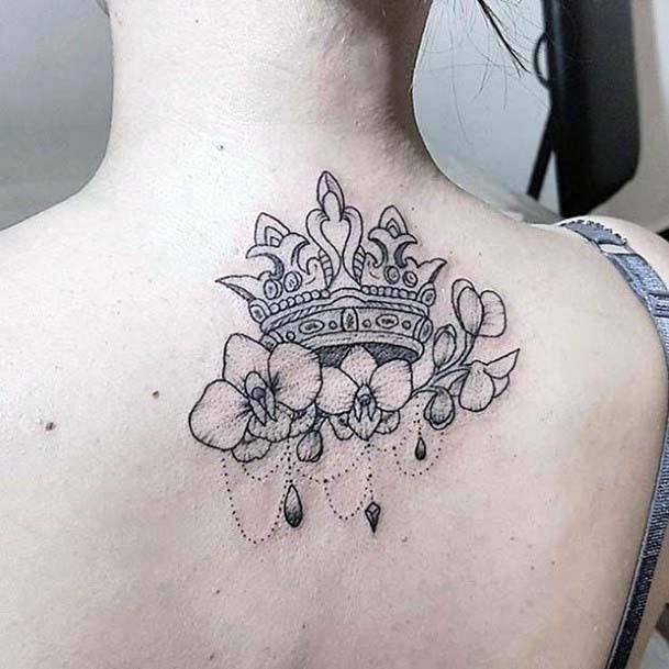 Beautiful Crown And Flower Tattoo Womens Back