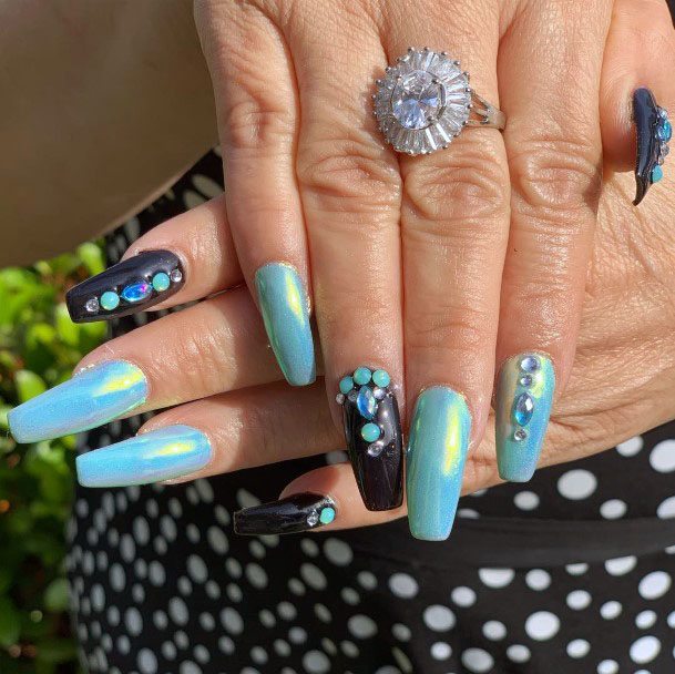 Beautiful Cute Blue And Black Multi Jewel Nail Design For Ladies