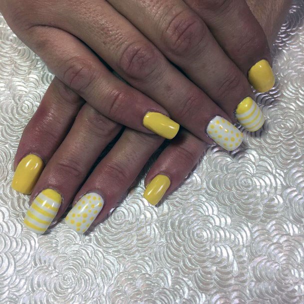 Beautiful Cute White And Yellow Stripes Polka Dot Squared Tip Nail Design For Women