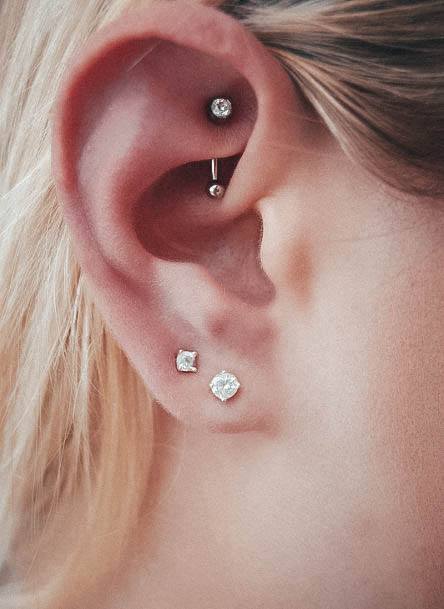 Beautiful Double Glassy Diamond Lobe And Rook Ear Piercing Design For Girls