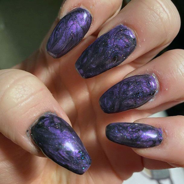 Beautiful Galaxy Water Color Design Purple And Black Nails For Women