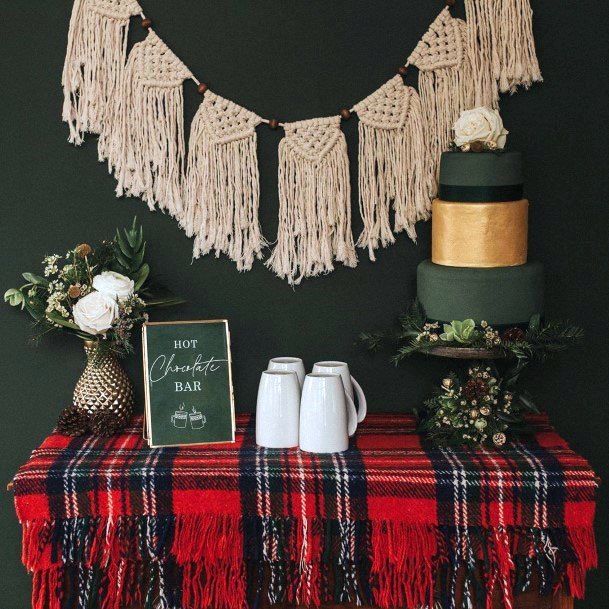 Beautiful Green Yellow Gold Winter Wedding Flannel Hot Chocolate Bar Ideas