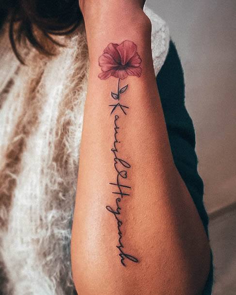 Beautiful Kids Name Tattoo Design Ideas For Women Flower Outer Forearm