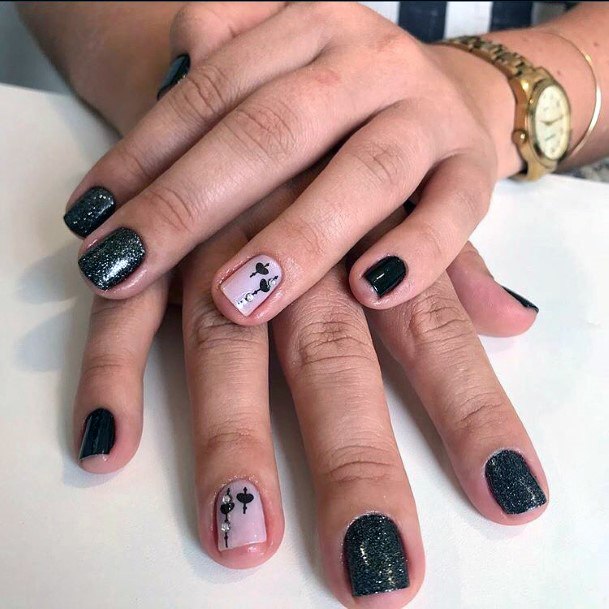 Beautiful Ladies Black Sparkly Nails Floral Art Design Inspiration