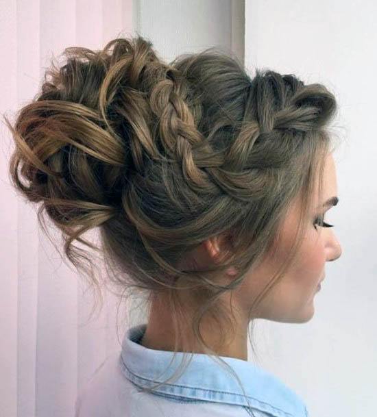 Beautiful Light To Medium Brown Hair With Messy Braid Crown Into Bun