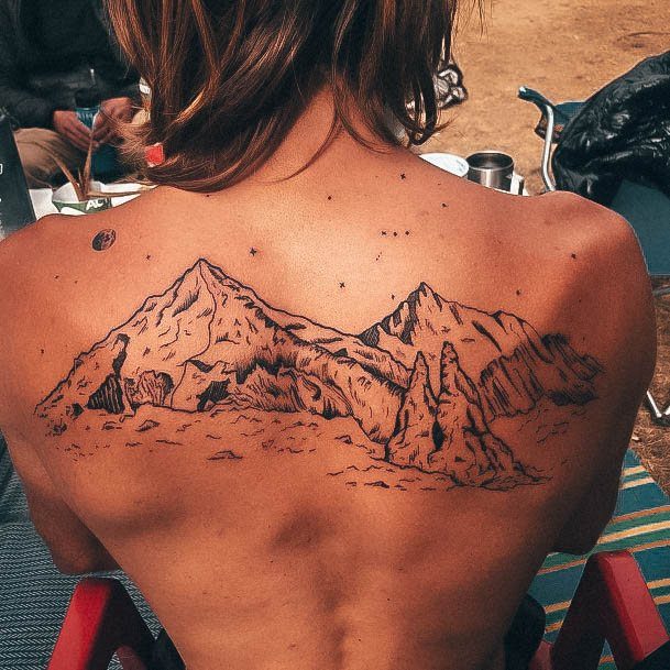 Beautiful Mountain Tattoo Design Ideas For Women Back With Stars