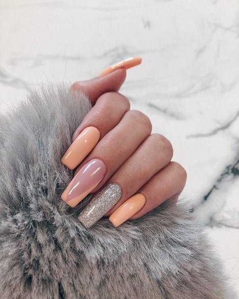 Beautiful Peach With Glitter Nail Design Ideas For Women