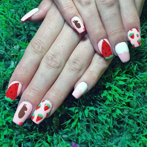 Beautiful Pink Red Strawberry Nail Design For Women