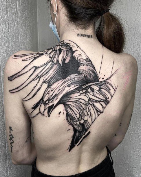 Beautiful Raven Tattoo Design Ideas For Women Sketeched Back