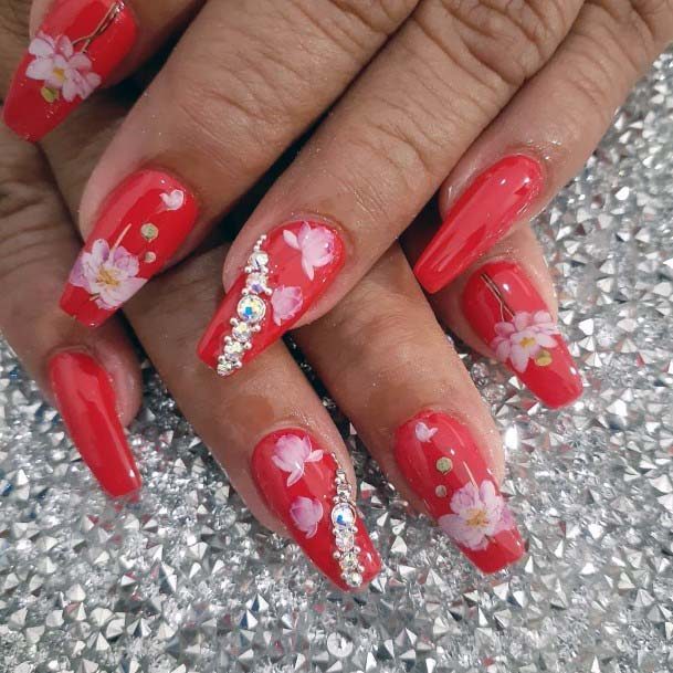 Beautiful Red Flower Design Nails For Women